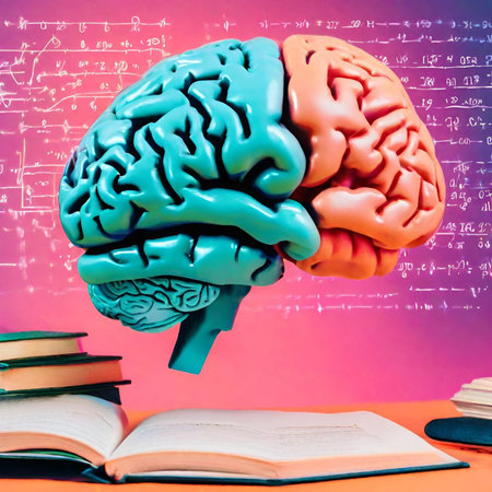 brain model with books and blackboard background, learning and education conceptの素材