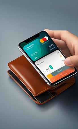 hand holding smart phone with credit card on the screen. 3d renderingの素材