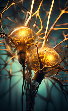 Human brain with glowing lightbulbs, 3d illustrationの素材