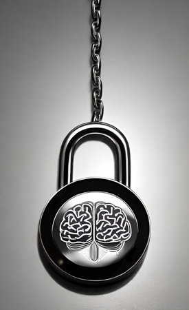 Digital illustration of a brain in a padlock against a grey backgroundの素材