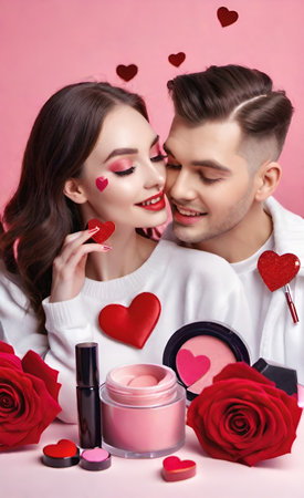 Beautiful young couple with makeup products and red hearts on pink backgroundの素材