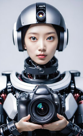 Portrait of a female robot holding a camera in her hands.の素材