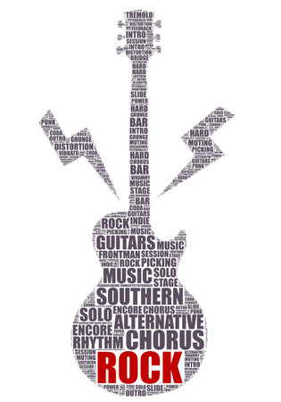 Music word cloud concept illustration of rock music wordcloud with guitar shapeのイラスト素材