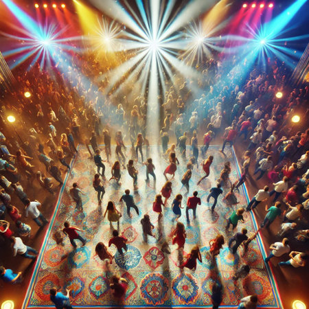 Large group of people dancing in a nightclub with bright rays of lightの素材