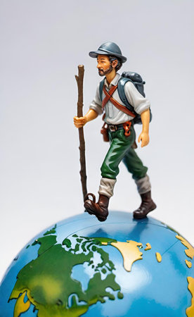 Miniature people : Tourist holding a stick on the globe.の素材
