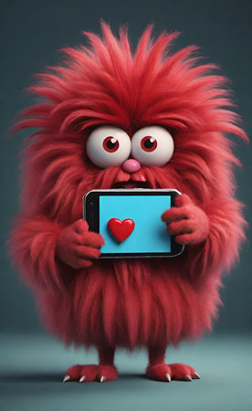 Red fluffy monster holding a tablet with a heart on a blue backgroundの素材
