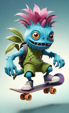 Funny monster riding a skateboard on a blue background. 3d renderingの素材