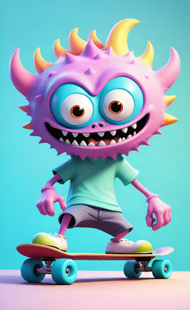 funny monster rides a skateboard on a blue background. 3d renderingの素材