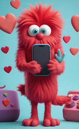 Funny red monster with mobile phone on blue background. Valentine's day concept.の素材