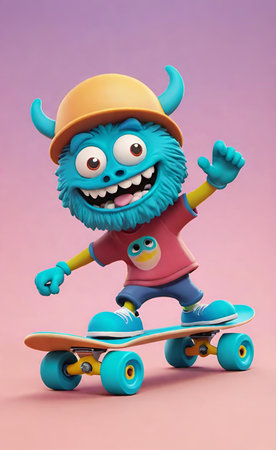 Funny cartoon monster rides a skateboard. 3d illustration.の素材
