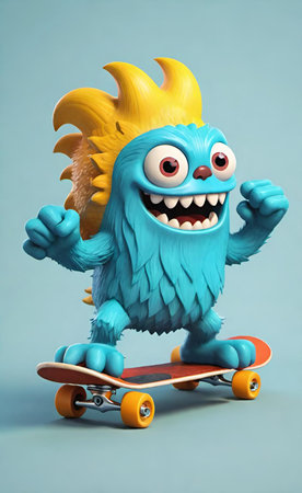 3d illustration of a funny cartoon dragon rides a skateboard.の素材