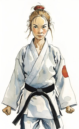 Illustration of a karate girl in a kimono.の素材