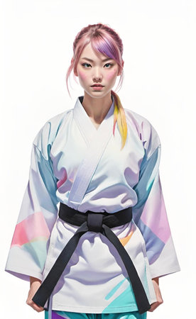 Young woman wearing a kimono with a black belt on a white backgroundの素材