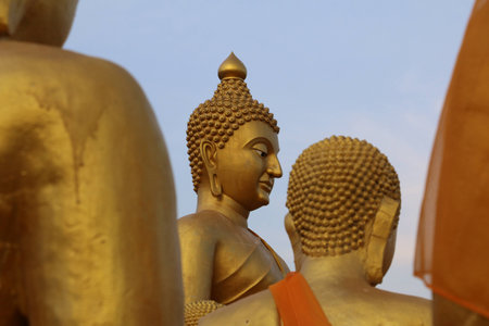 Close up Golden Buddha Statue at Thai Temple Thailandの写真素材