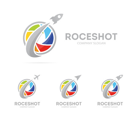 Vector of rocket and camera shutter logo combination. Airplane and photography symbol or icon. Unique photo and lens logotype design template.のイラスト素材