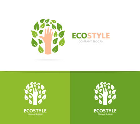 Vector of hand and leaf logo combination. Arm and eco symbol or icon. Unique organic and support logotype design template.のイラスト素材
