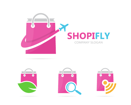 Vector of shop and plane logo combination. Sale and travel symbol or icon. Unique bag and flight logotype design template.のイラスト素材