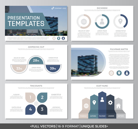 Set of blue elements for multipurpose presentation template slides with graphs and charts. Leaflet, corporate report, marketing, advertising, annual report, book cover design.のイラスト素材