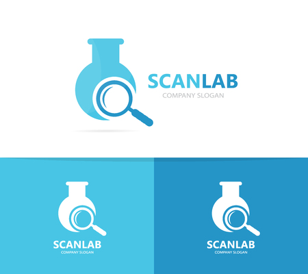 flask and loupe logo combination. Laboratory and magnifying glass symbol or icon. Unique bottle and search logotype design template.の写真素材