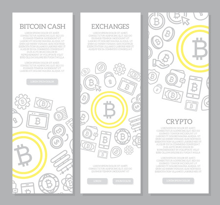 Set of three digital money and bitcoin vertical banners with seamless icon pattern. Vector illustration.のイラスト素材