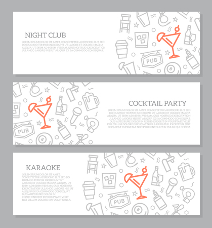 Set of three digital night club and cocktail bar horizontal banners with icon pattern.のイラスト素材
