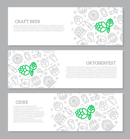 Set of three digital beer, pub and bar horizontal banners with icon pattern.のイラスト素材