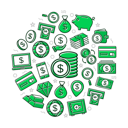Vector money colored icons in circle design concept. Illustration for presentations on white backgroundのイラスト素材