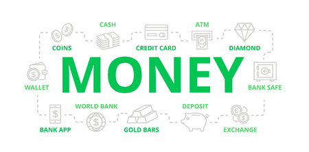 Vector money and bank thin line banner for design concept. Illustration for presentations on white backgroundのイラスト素材