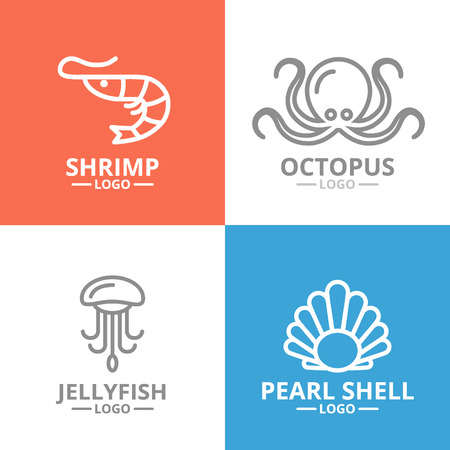 Set of jellyfish and seafood, shrimp, shell, octopus logo or insignia, emblems, labels and badge. Vector line styleのイラスト素材