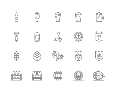 Set of vector beer and bar, pub line icons. Alcohol, bottle, mug, barley, hop, barrel, ale, froth, keg, beaker, jar and more. Editable Stroke.のイラスト素材
