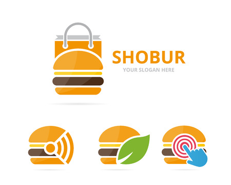 Set of burger logo combination. Hamburger and sale symbol or icon. Unique fastfood and bag logotype design template.のイラスト素材