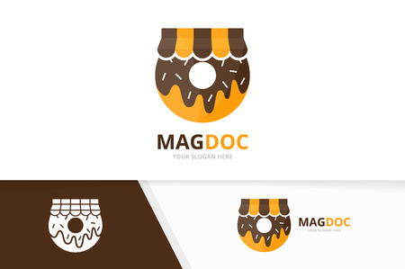 Vector donut and shop logo combination. Doughnut and sale symbol or icon. Unique bakery and market logotype design template.のイラスト素材
