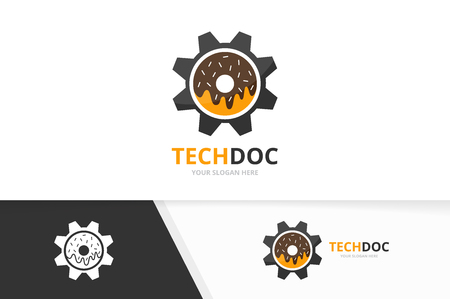 Vector donut and gear logo combination. Doughnut and mechanic symbol or icon. Unique bakery and industrial logotype design template.のイラスト素材