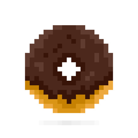 Chocolate donut in pixel style. Dessert and sweets 8 Bit art icon on white backgroundのイラスト素材