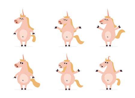 Set of six cartoon unicorns in different poses. Various fantastic animals for character animation.のイラスト素材