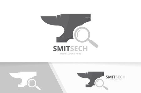 Vector smith and loupe logo combination. Blacksmith and magnifying symbol or icon. Unique metal and search logotype design template.のイラスト素材