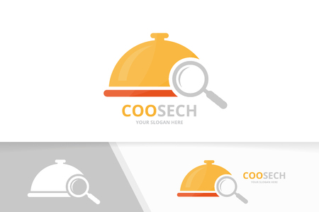 Vector dish and loupe logo combination. Plate and magnifying symbol or icon. Unique kitchen and search logotype design template.のイラスト素材