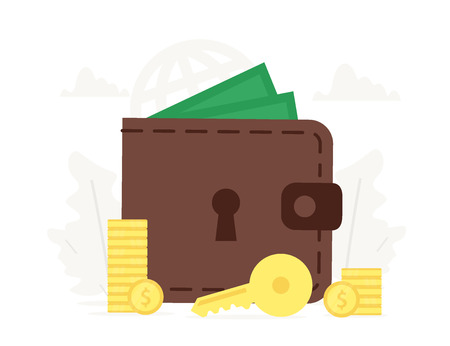 Big wallet with key and coins near it. Investment, saving money business illustration.のイラスト素材