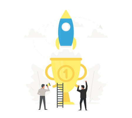 People are happy to launch a rocket to the sky from the large gold trophy. Innovation technology start up. Spaceship launch to the sky.のイラスト素材