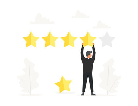 Businessman positive review and hold big Star over head. Rating, quality work, feedback, evaluation...