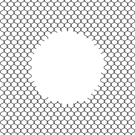 Illustration of chain link fence with hole isolated on white background. Prison barrier, secured property.のイラスト素材