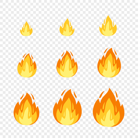 Vector fire illustration for animation frames. Use in game development, mobile games or motion graphic. Bonfire, burning, explosion, torch, campfire on transparent backgroundのイラスト素材