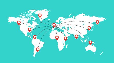 Vector illustration flat design of world map with red pointer marks. Globe communication concept.