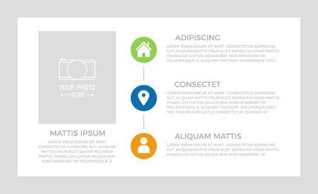 Set of green and blue, orange elements for infographic presentation slides. Charts, graphs, photo frames, brochures, steps, circles.のイラスト素材