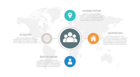 Set of turquoise, blue, gray and orange elements for infographic with world map presentation slides.のイラスト素材