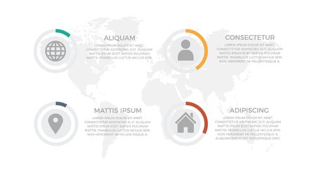 Set of turquoise, orange, blue and red elements for infographic with world map presentation slidesのイラスト素材