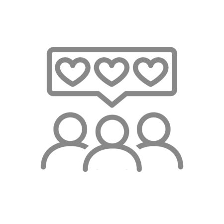 People with hearts in chat bubble line icon. Client satisfaction, happy customers, positive...