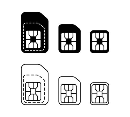 Mobile SIM card icons set. Normal, Micro, Nano type compatible SIM-card symbol.のイラスト素材