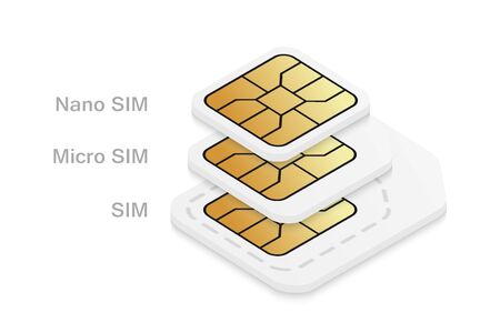 Different mobile sim card size. Standard, micro and nano phone card isolated on white background.のイラスト素材