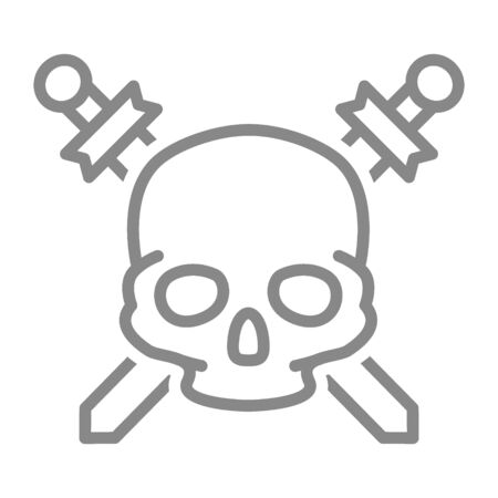 Pirate skull with crossed swords line icon. Warning of death, danger symbolのイラスト素材